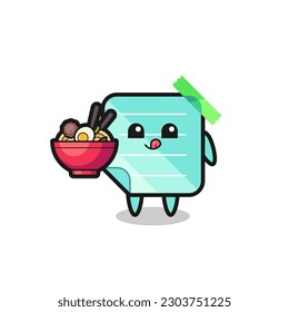 cute blue sticky notes character eating noodles , cute style design for t shirt, sticker, logo element