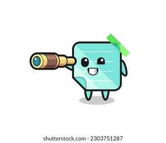 cute blue sticky notes character is holding an old telescope , cute style design for t shirt, sticker, logo element
