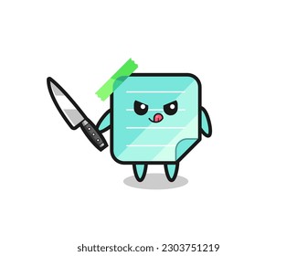 cute blue sticky notes mascot as a psychopath holding a knife , cute style design for t shirt, sticker, logo element