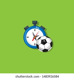 cute blue stopwatch and football ball in funny cartoon style.isolated on green background.flat design. vector illustration.