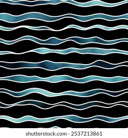 Cute blue striped watercolor seamless pattern on black watercolor background. Watercolor print in rustic vintage style, textile or wallpapers.