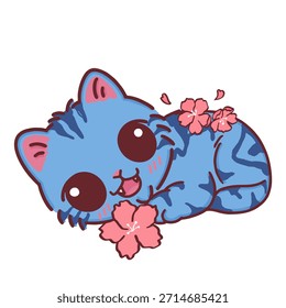 Gato atigrado azul lindo con los ojos Grandes y la historieta rosada de las flores de cerezo