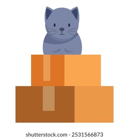 Cute blue tabby cat is sitting on a stack of cardboard boxes, looking forward, isolated on a white background