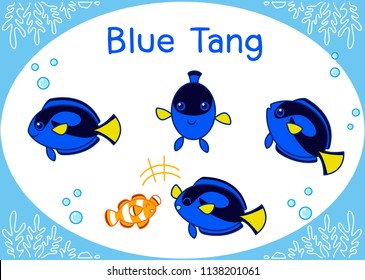 Cute Blue tang Cartoon set ,dory fish ,Regal tang .Palette surgeonfish 
Illustration of aquarium fish isolated on a white background.