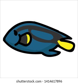 Cute blue tang  cartoon vector illustration motif set. Hand drawn isolated surgeon fish elements clipart for aquatic life blog, ocean graphic, underwater web buttons.