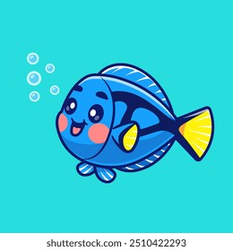 Ilustración linda del icono del Vector de la historieta de la natación del pez azul Tang. Icono de Naturaleza Animal Concepto Aislado Premium Vector. Estilo plano de la historieta