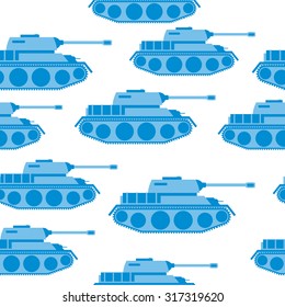 Cute Blue Tank seamless pattern. Vector military background. Army transport with gun.
