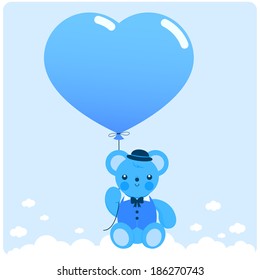 A cute blue teddy bear flying in the sky holding a heart shaped balloon. Vector illustration
