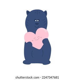 Cute blue teddy bear in love with a big smiling heart. Vector isolated on a white background