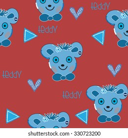 cute blue teddy with hearts and triangle pattern vector illustration