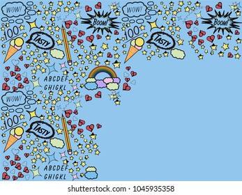 Cute blue template with scattered doodles