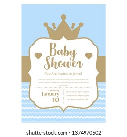 Cute blue templates for invitations. Vintage gold frame with crown. A little prince party. Baby shower, wedding, birthday invite card. Can be used for printing in A5 paper.