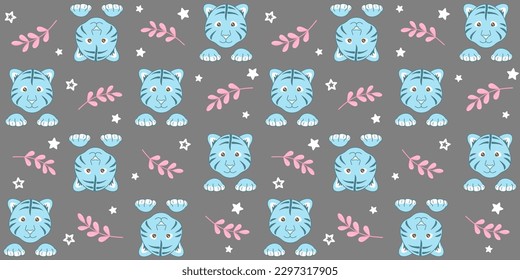 Cute blue tiger cub face with paws, pink twigs and small white stars on a gray background. Endless texture with a little animal. Vector seamless pattern for wrapping paper, surface texture and print