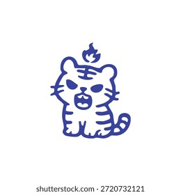 A cute, blue tiger cub with a flame on its head and an open mouth