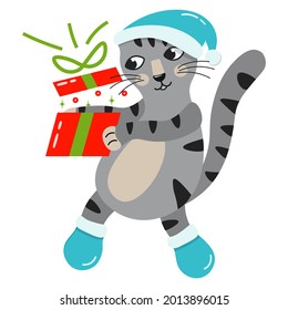 Cute blue tiger cub - kitten in a New Year's hat and boots with a Christmas present. Water blue tiger symbol of 2022. Funny new year character for postcards, calendar, print, web. Vector.