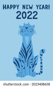 Cute blue tiger on a blue background with lettering happy new year 2022. Vector hand drawing poster, banner, card. Graphic element for creative design, packaging, print, fabric, printing, decor.