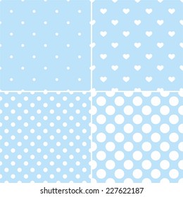 Cute blue tile vector pattern set with white polka dots and hearts on pastel background