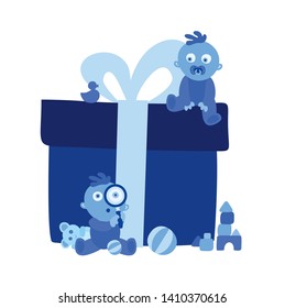 Cute blue toddlers and big gift box vector illustration on white background. Birthday surprise, gratis, Christmas present, mother's day or donation to orphanage and help center. Happy Children's Day.