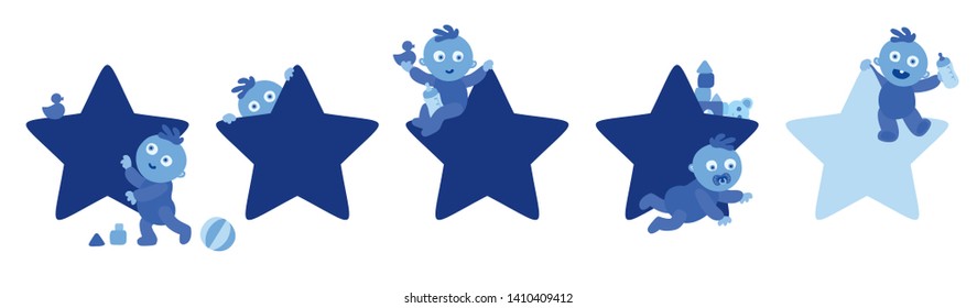 Cute blue toddlers making 5 stars rating system. Baby boys having fun, giving rates and awarding. Consumer feedback, satisfaction, ranking. Product quality. Vector Illustration on white background.