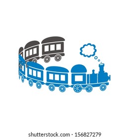 Cute blue train on a white background - curl shaped. Vector illustration