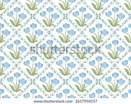 cute blue tulip flower block print seamless pattern background