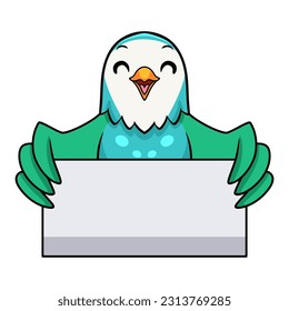 Cute blue turquoise bird cartoon holding blank sign