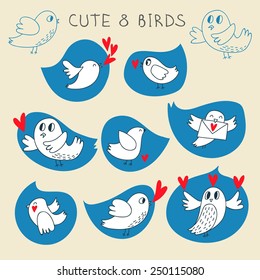 Cute blue twitter birds set in vector with red hearts.Graphic set in cartoon style 