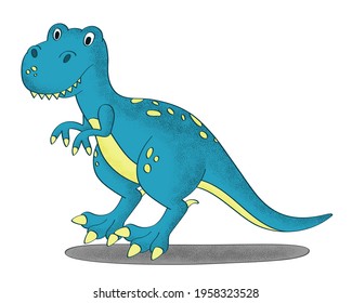 Cute blue tyrannosaurus with yellow spots with trendy grain textured shadow. Vector Grain style illustration.