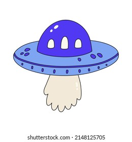 OVNI azul lindo volando. Ilustración vectorial. Buque espacial alienígena. Pegatina en estilo de caricatura con contorno. Futurista objeto volador desconocido. Aislado sobre fondo blanco