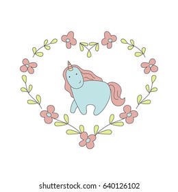 Cute blue unicorn in cartoon style on white background.