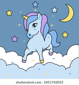Cute blue unicorn on a cloud against a starry sky.  Greeting card, textile, print on children's t-shirt. Vector illustration
