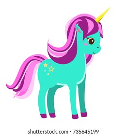 Cute blue unicorn with pink mane. Fairy pony, magic horse. Vector illustration for kids