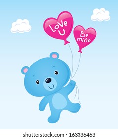 Cute Blue Valentines Bear Floating with Balloons