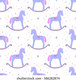 Cute blue vector rocking horses isolated on white background. Baby toy seamless pattern