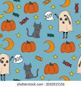 Cute blue vintage pattern with doodles ghost, black cat, candy, pumpkin, stars, moon, halloween, magic. Seamless background. Textiles for children. Minimalism paper scrapbook for kids.