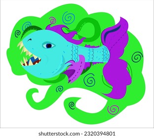 A cute blue and violet fish , swimming in a joyful bright green river. This cartoon illustration can be used as a logotype for swimming, fishing, zoo, tourist and creative companies. Vector, isolated.