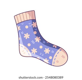 Meia de lã quente azul bonito com flocos de neve de Natal branco e pontos de neve design desenho animado isolado