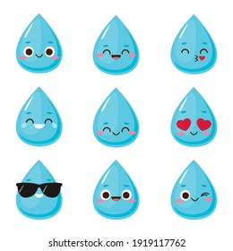 Juego de caracteres de caída de agua azul. Símbolo de agua limpia. Ilustración vectorial del emoticono del agua de dibujos animados