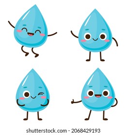 Juego de caracteres de caída de agua azul. Símbolo de agua limpia. Ilustración vectorial del emoticono del agua de dibujos animados