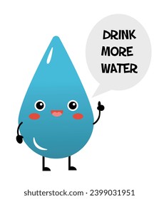 Cute blue water drop, giving advice about drinking more water, to hydrate yourself. Isolated vector illustration