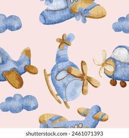 Cute Blue Watercolor Plane and Helicopter Seamless Pattern