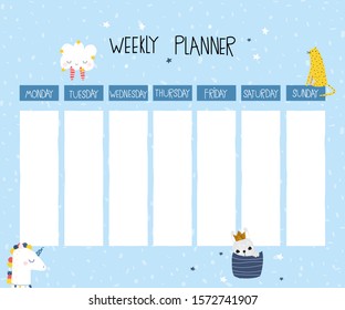Cute blue weekly planner with animals. KIds graphic for school. Vector hand drawn illustration.