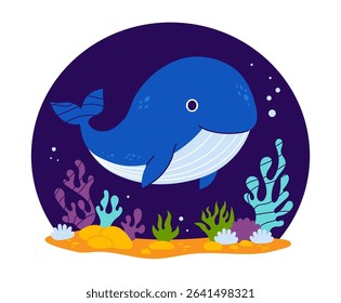 Cute Blue Whale with algae and coral on seabed on dark blue background. Vector illustration. Kids collection in a flat style
