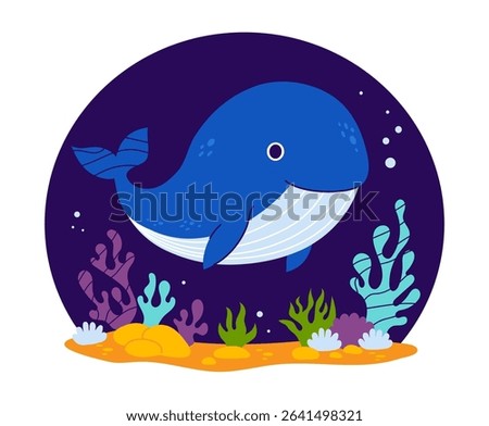 Cute Blue Whale with algae and coral on seabed on dark blue background. Vector illustration. Kids collection in a flat style