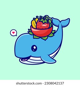 Cute Blue Whale Bring Fruit Cartoon Vector Icon Illustration. Animal Food Icon Concept Isolated Premium Vector. Flat Cartoon Style