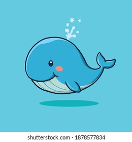 Cute blue whale cartoon icon illustration.