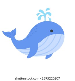 Cute Blue Whale Cartoon with Water Spout and Smiling Face Vector Illustration