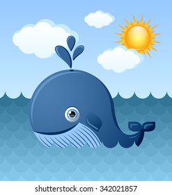 Cute blue whale character is swimming in the ocean with Sun and clouds in the background