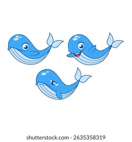 Cute Blue Whale Characters Happy Sad Normal Face Vector Illustration.