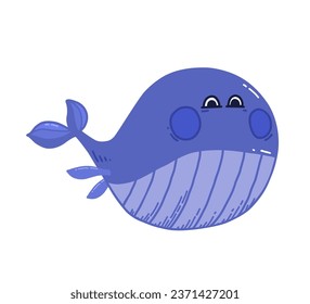 Cute blue Whale in doodle style. Hand drawn Sea animal isolated on white background for childrens stickers, postcard, baby shower card.